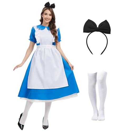 Blue dress with white apron, bow headband and white stockings