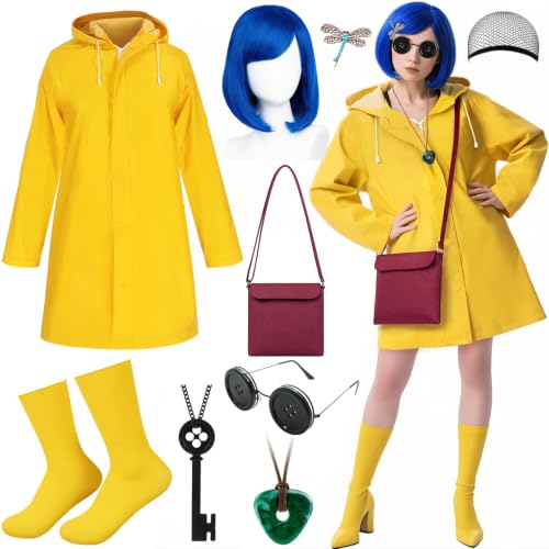 Yellow raincoat with blue bob wig, socks, crossbody bag and accessories