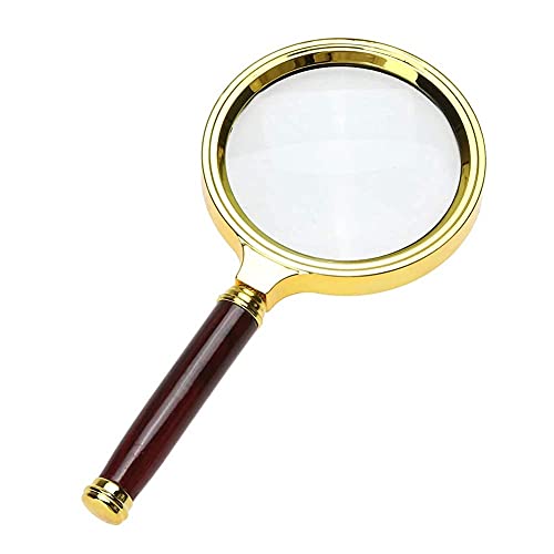 Gold-rimmed handheld magnifying glass with a wooden handle