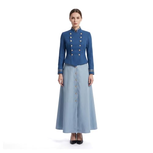 Navy sailor-style jacket over a long pale blue skirt