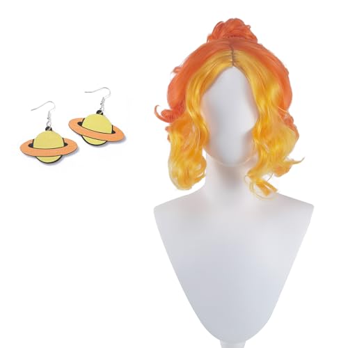 Red-orange curly wig with Saturn drop earrings