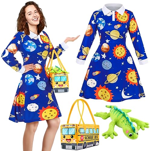 Blue planet-print long-sleeve dress with a school bus handbag
