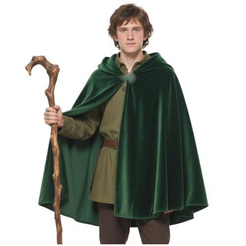 Long green hooded cloak with a metal clasp