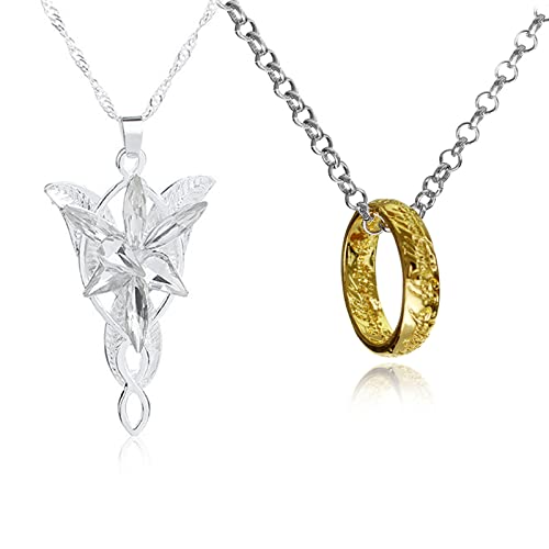 Gold band pendant on a chain with a silver leaf pendant