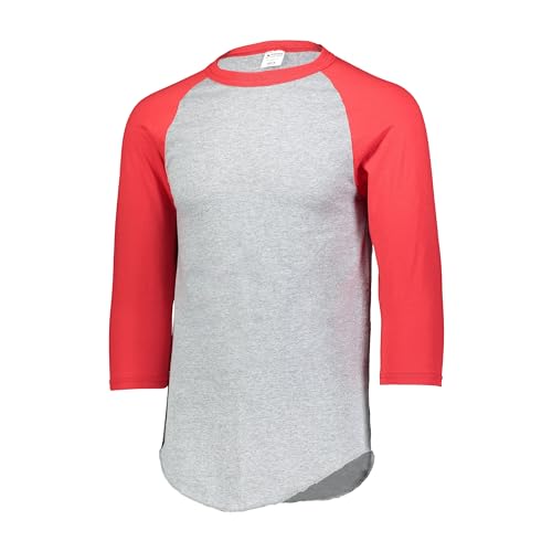 Grey baseball tee with red three-quarter raglan sleeves