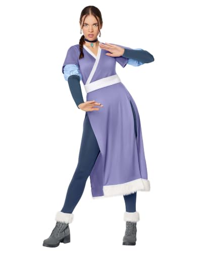 Purple wrap dress with white sash over a blue long-sleeve top and leggings