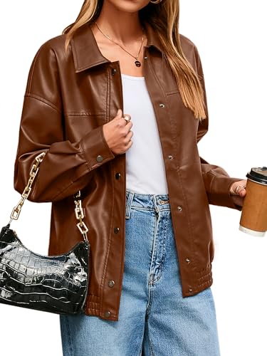 Brown faux leather button-front jacket