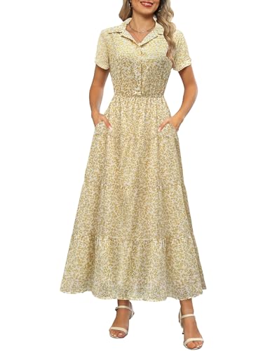 Pale yellow ditsy floral collared tiered maxi dress