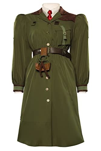 Olive green structured military-style dress with a wide belt