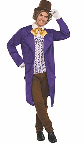 Purple tailcoat with brown top hat, patterned waistcoat and brown trousers