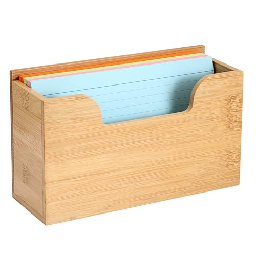 A bamboo index card display stand holding pastel cards