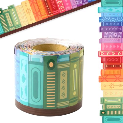 A roll of bulletin board border trim printed with book spines