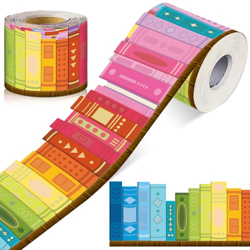 A rolled bulletin board border printed with rows of colorful books