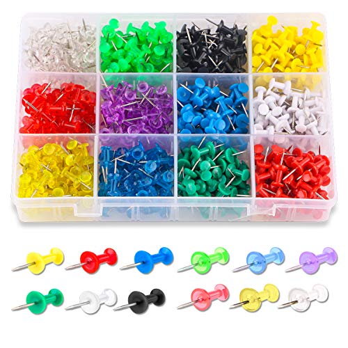 A compartment case of plastic-head push pins in twelve colors