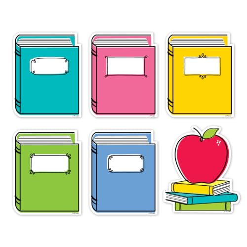 Illustrated six-inch book cutouts in bright colors with an apple accent