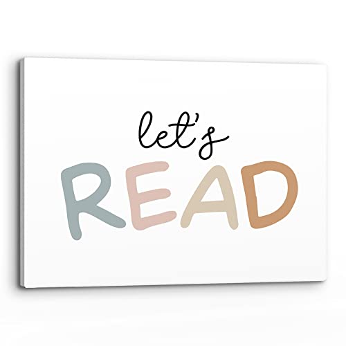 A canvas print reading let's read in soft lettering