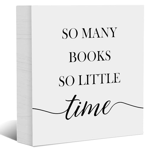 A white wooden box sign reading so many books so little time