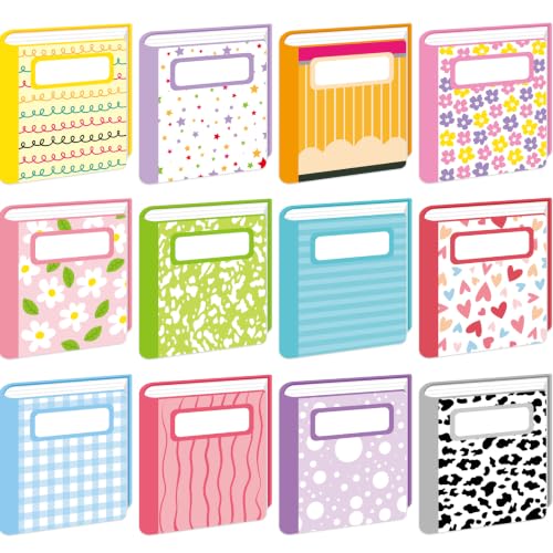 Illustrated paper cutouts of notebooks and journals in twelve different cover designs.