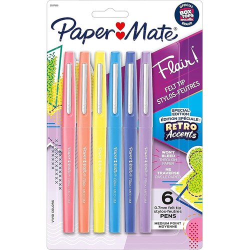 A six-pack of Paper Mate Flair felt tip pens in pink, coral, yellow, blue, periwinkle, and lilac barrels.