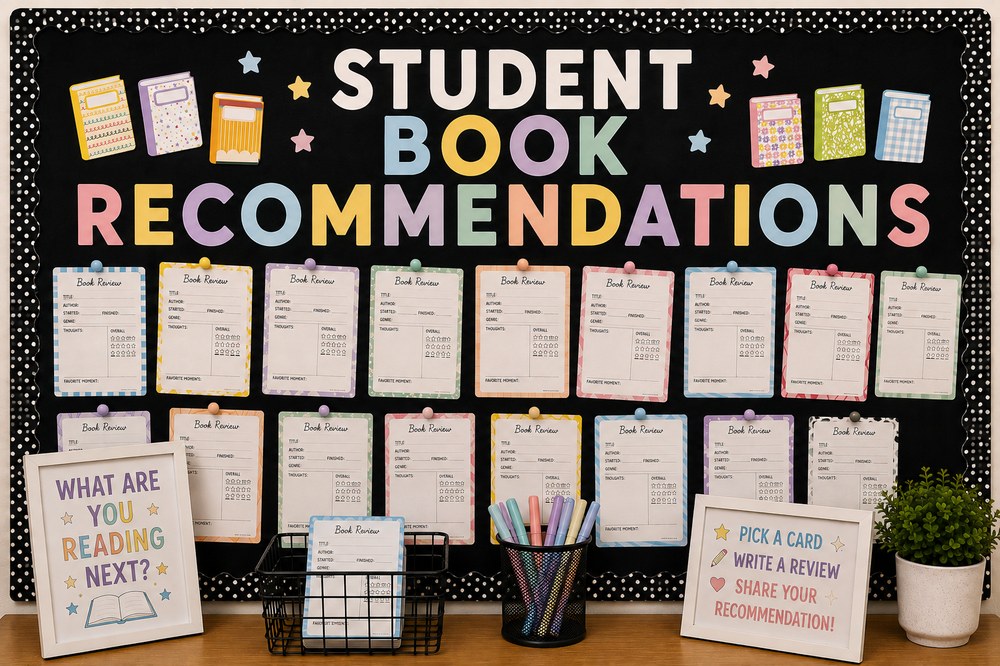 Mockup of a student book recommendations bulletin board with a black polka-dot border, pastel cutout letters, rows of pinned book review cards, two framed signs, a card holder, and a cup of pens