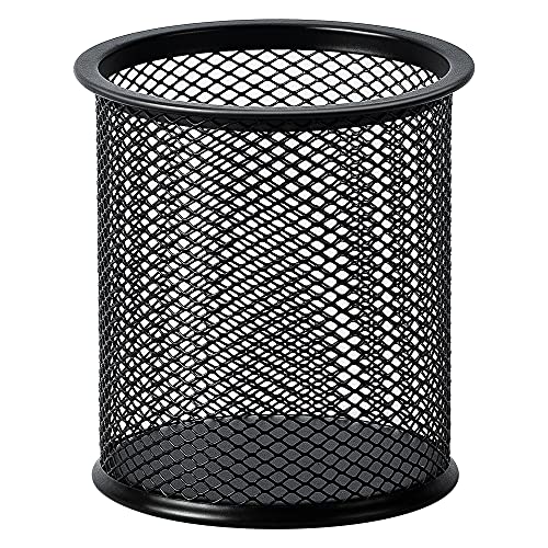A black wire mesh cylindrical pen cup.