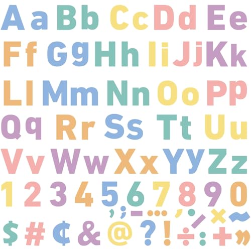 A pastel rainbow set of cutout alphabet letters, numbers, and punctuation.