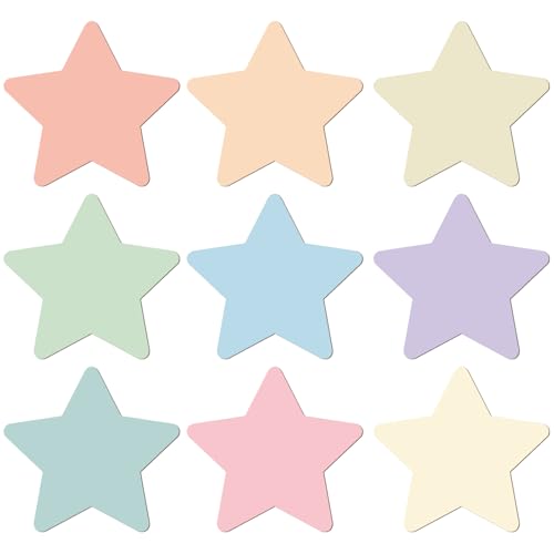 Paper star cutouts in soft pastel shades of peach, mint, blue, and lilac.