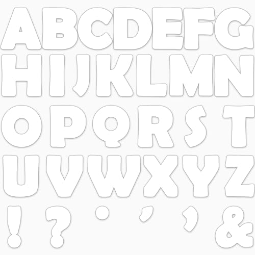 A set of large white cutout alphabet letters with punctuation marks.