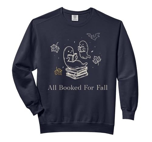 Navy sweatshirt with a line-drawn ghost, books and a small pumpkin in white