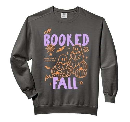 Charcoal sweatshirt with pumpkins and books printed in purple and orange