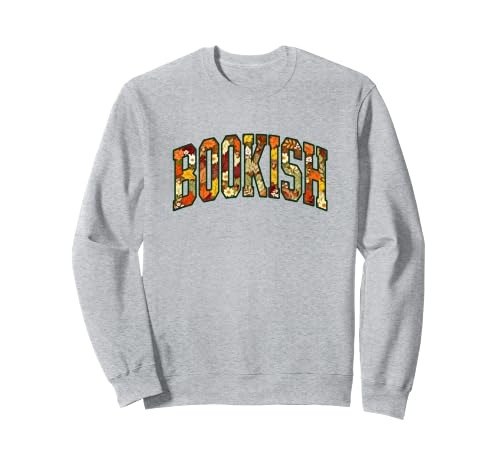 Light grey sweatshirt with collegiate arched lettering filled with autumn leaves