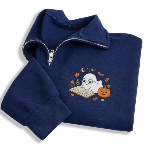 Navy quarter-zip sweatshirt with a small embroidered ghost reading a book on the chest