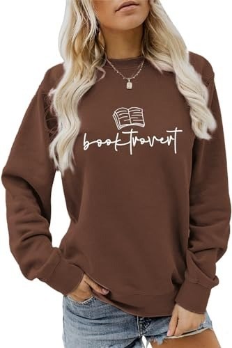 Brown pullover with a line-drawn open book above the word booktrovert in white script
