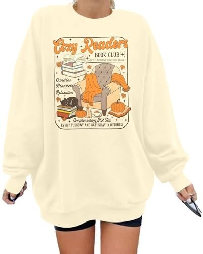 Ivory sweatshirt with a small embroidered bookworm design on the chest