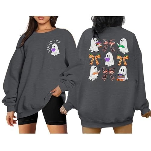 Charcoal sweatshirt with a small ghost holding a purple book, and a grid of reading ghosts on the back