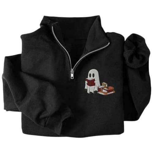 Black quarter-zip sweatshirt with an embroidered ghost reading a red book beside a stack of books
