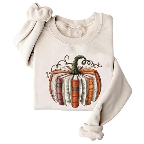 Cream pullover sweatshirt printed with an orange pumpkin and a stack of books