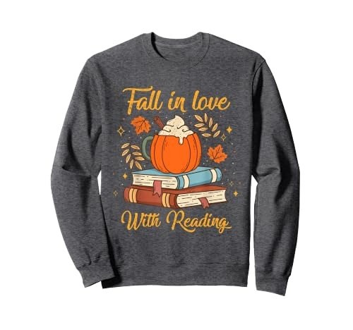 Charcoal sweatshirt with a pumpkin and the phrase Fall in Love with Reading in warm script