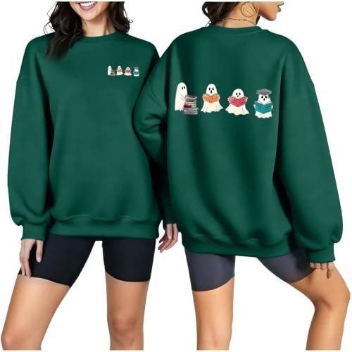 Forest green sweatshirt with four small ghosts on the chest and larger reading ghosts on the back