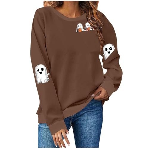 Brown sweatshirt with small reading ghosts on the chest and a ghost on each sleeve