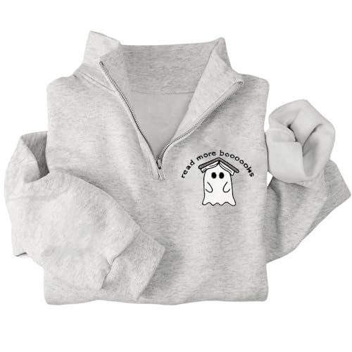 Heather grey quarter-zip with an embroidered ghost wearing an open book on its head