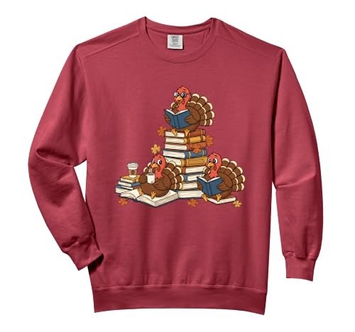 Maroon sweatshirt printed with turkeys perched on a stack of books