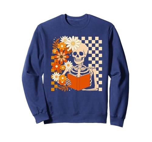 Royal blue sweatshirt with a skeleton reading a book against a checkerboard and orange flowers