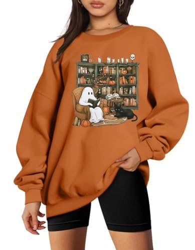 Rust orange crewneck printed with several small ghosts reading books