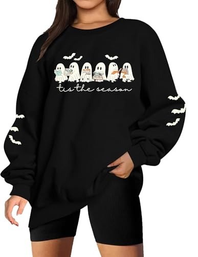Black sweatshirt with a row of small ghosts holding books, bats above and bats down each sleeve