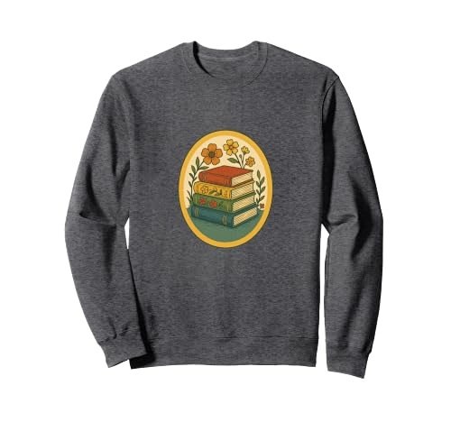 Charcoal sweatshirt with a stack of books and muted retro flowers