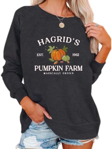 Charcoal crewneck sweatshirt with a vintage-style pumpkin farm graphic in cream lettering
