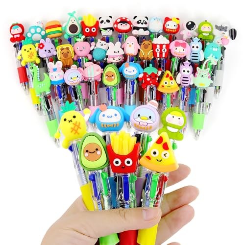 Multicolor ballpoint pens with cartoon character toppers held in a fan