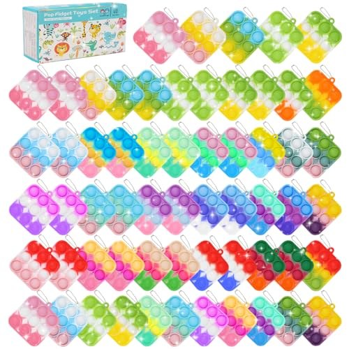 Rainbow bubble popper fidget toys in assorted shapes with a printed storage box