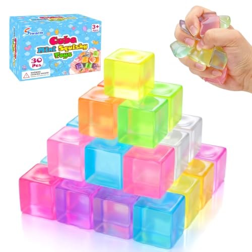 Miniature squeezable cube fidget toys in assorted pastel colors